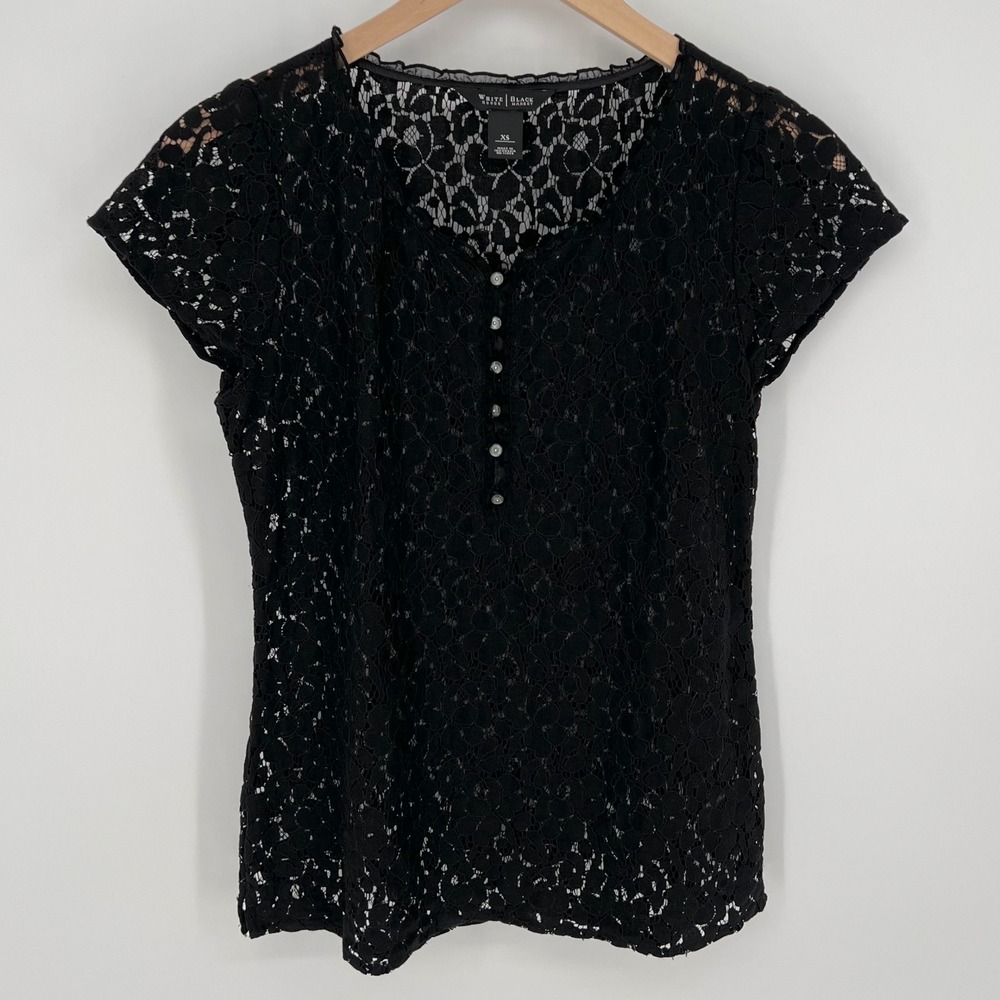 White House Black Market Womens Floral Lace Short Sleeve Top Size XS Black Sheer